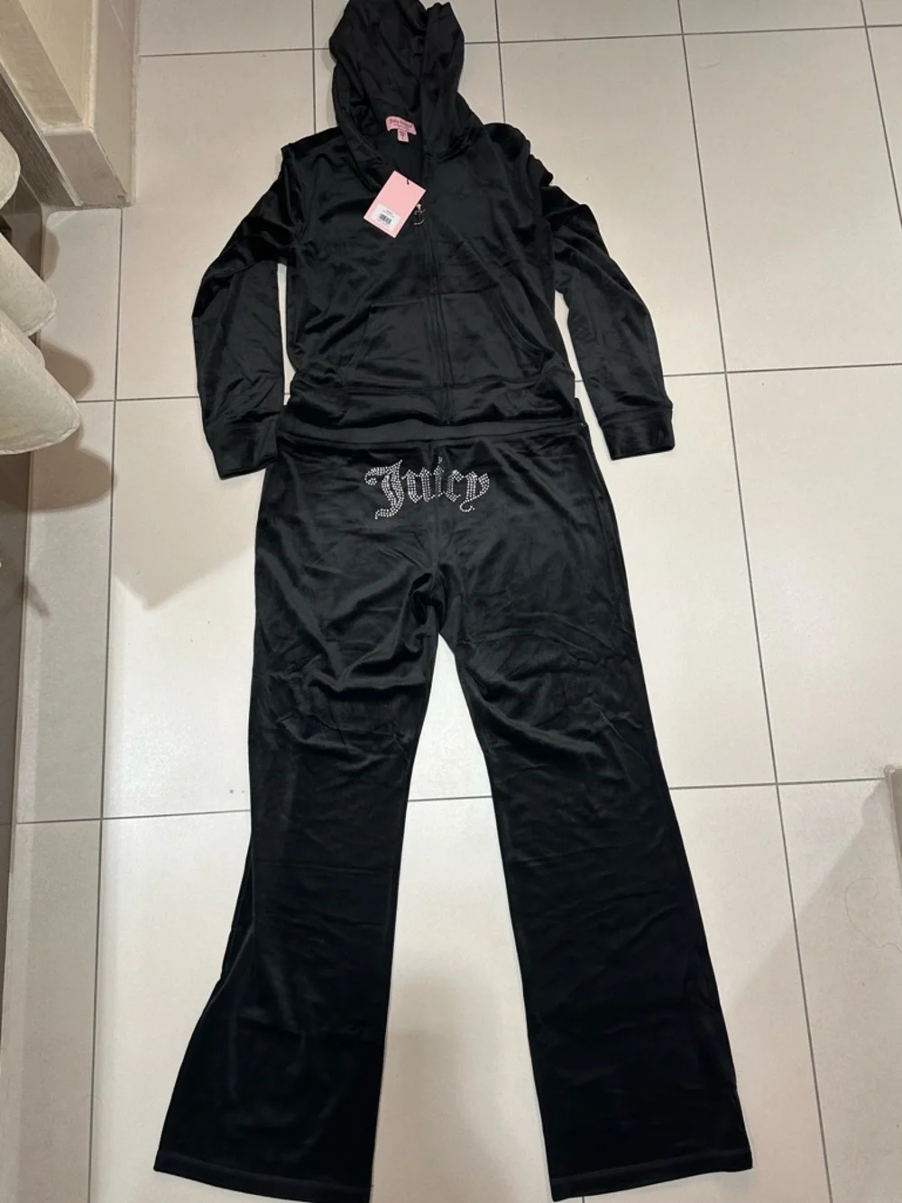 Juicy Couture Black Hooded tracksuit Set with Rhinestone Logo Sz L Y2K